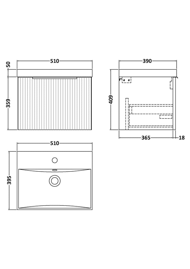 Hudson Reed Fluted 500mm Satin Grey Wall Hung Single Drawer Vanity Unit With Thin-Edge Basin