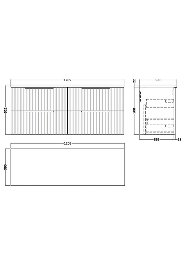 Hudson Reed Fluted 1200mm Satin Grey Wall Hung 4-Drawer Vanity Unit With Laminate Worktop