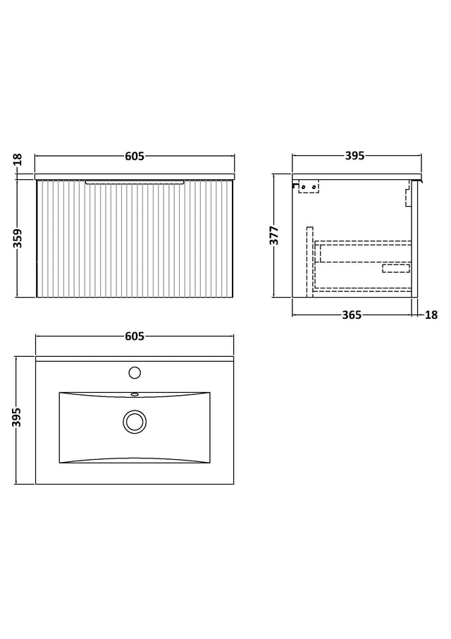 Hudson Reed Fluted 600mm Satin Grey Wall Hung Single Drawer Vanity Unit With Basin