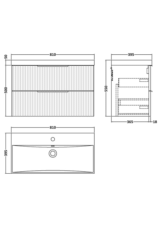 Hudson Reed Fluted 800mm Satin Grey Wall Hung 2-Drawer Vanity Unit With Basin