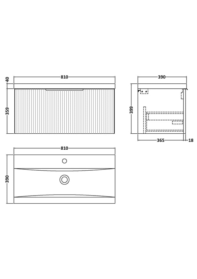 Hudson Reed Fluted 800mm Wall Hung Single Drawer Vanity Unit With Basin