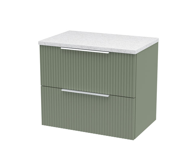 Hudson Reed Fluted 600mm Satin Green Wall Hung 2-Drawer Vanity Unit With Laminate Top