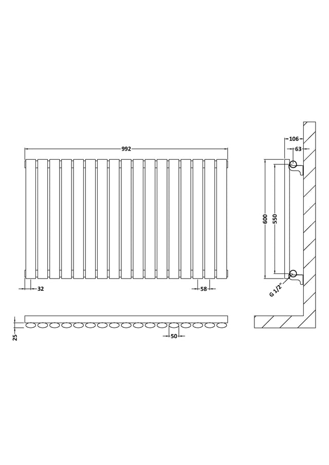Horizontal Single Panel Radiator 600 x 992mm
