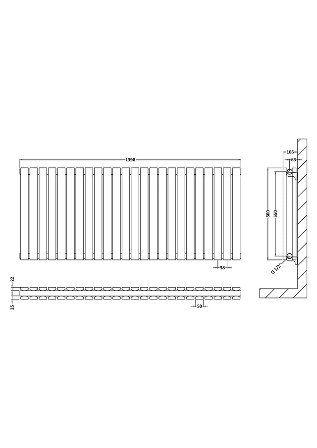 Horizontal Double Panel Radiator 600 x 1398mm