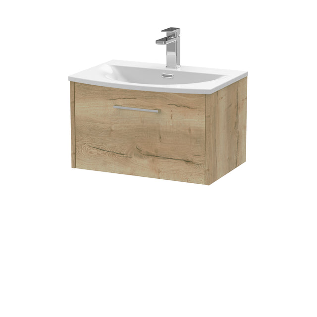 Hudson Reed Juno 600mm Autumn Oak Wall Hung Single Drawer Vanity Unit With Curved 1 Tap Hole Basin