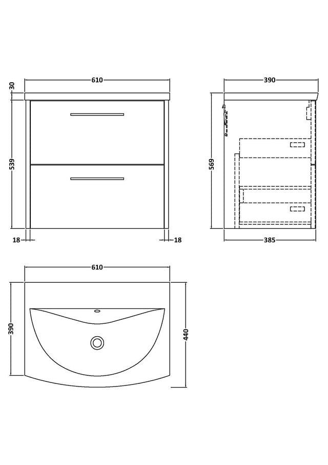 Hudson Reed Juno 600mm Autumn Oak Wall Hung 2-Drawer Vanity Unit with Curved 1 Tap Hole Basin