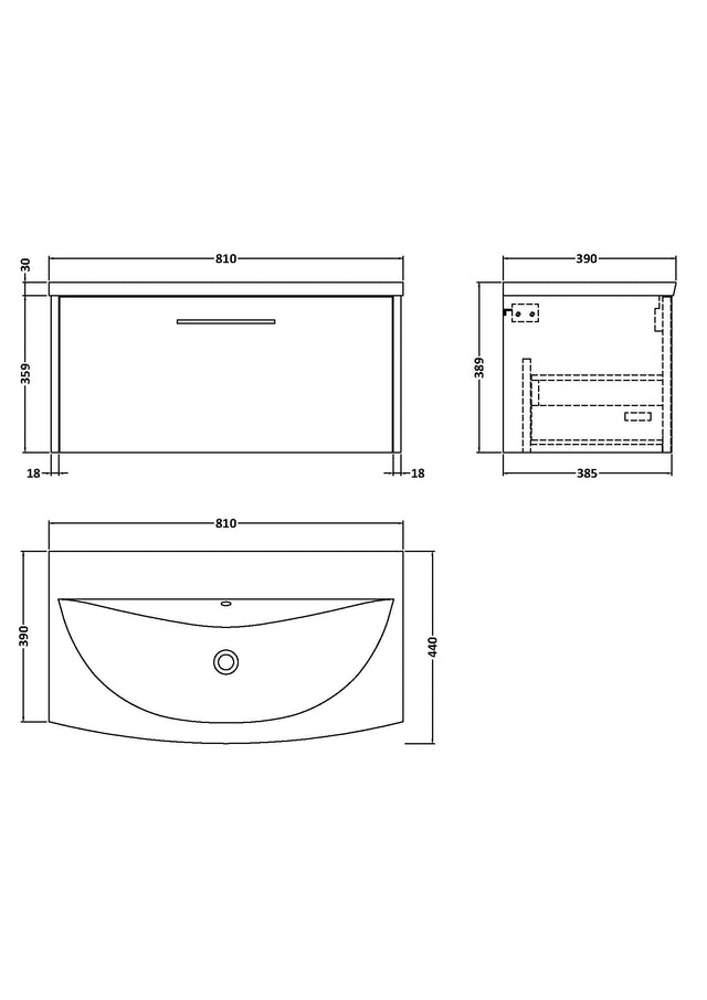 Hudson Reed Juno 800mm Wall Hung Single Drawer Vanity Unit with Curved 1 Tap Hole Basin