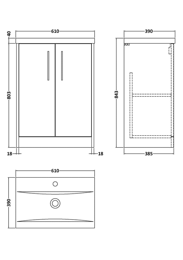 Hudson Reed Juno 600mm Graphite Grey Woodgrain Floor Standing 2-Door Vanity Unit with 1 Tap Hole Basin