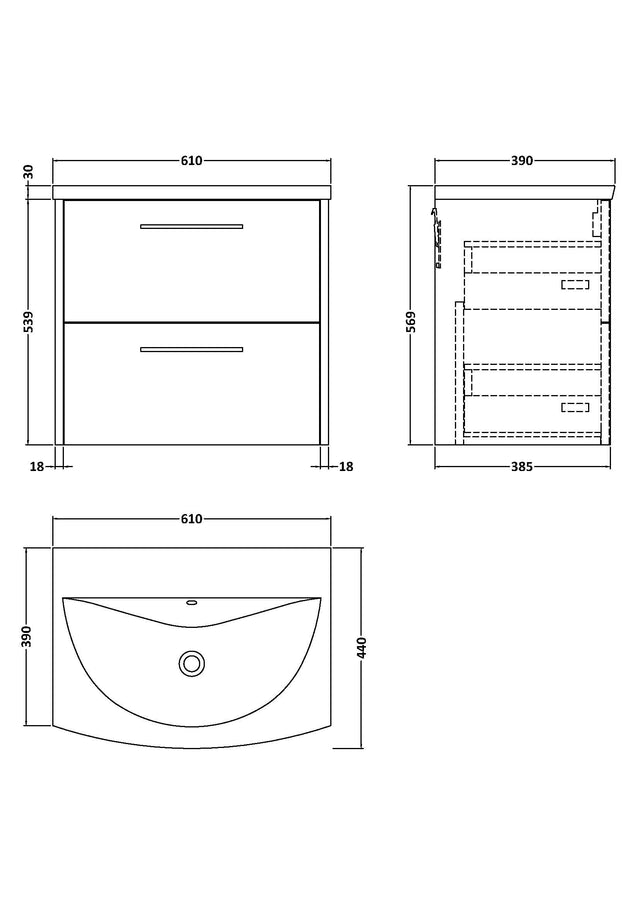 Hudson Reed Juno 600mm Wall Hung 2 Drawer Vanity Unit Including Curved Ceramic Basin