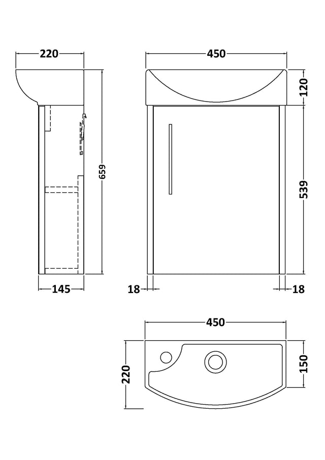 Hudson Reed Juno Compact 450mm Right Hand Wall Hung 1 Door Vanity Unit with 1 Tap Hole Ceramic Basin
