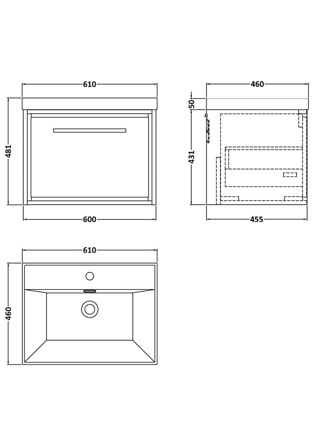 Hudson Reed Lille 600mm Wall Hung Single Drawer Vanity Unit with 1 Tap Hole Basin & Soft Close Drawers