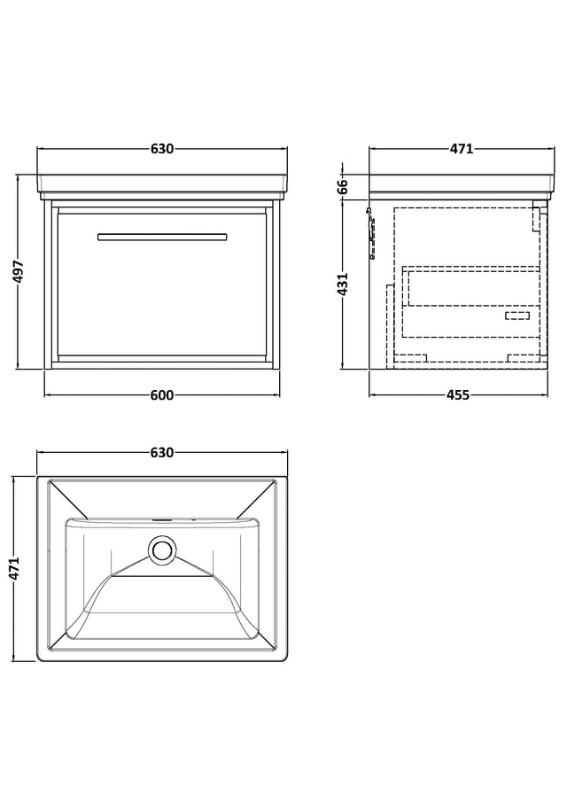 Hudson Reed Lille 600mm Wall Hung Single Drawer Vanity Unit With Basin, 0 Tap Hole, Soft Close Drawer