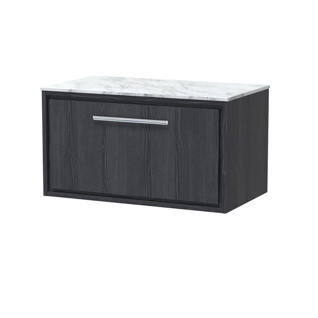 Hudson Reed Lille 800mm Graphite Grey Woodgrain Wall Hung Single Drawer Vanity Unit With Marble Worktop & Soft Close Drawers