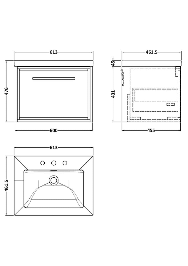 Lille 600mm Wall Hung Single Drawer Vanity with Basin - 3 Tap Hole