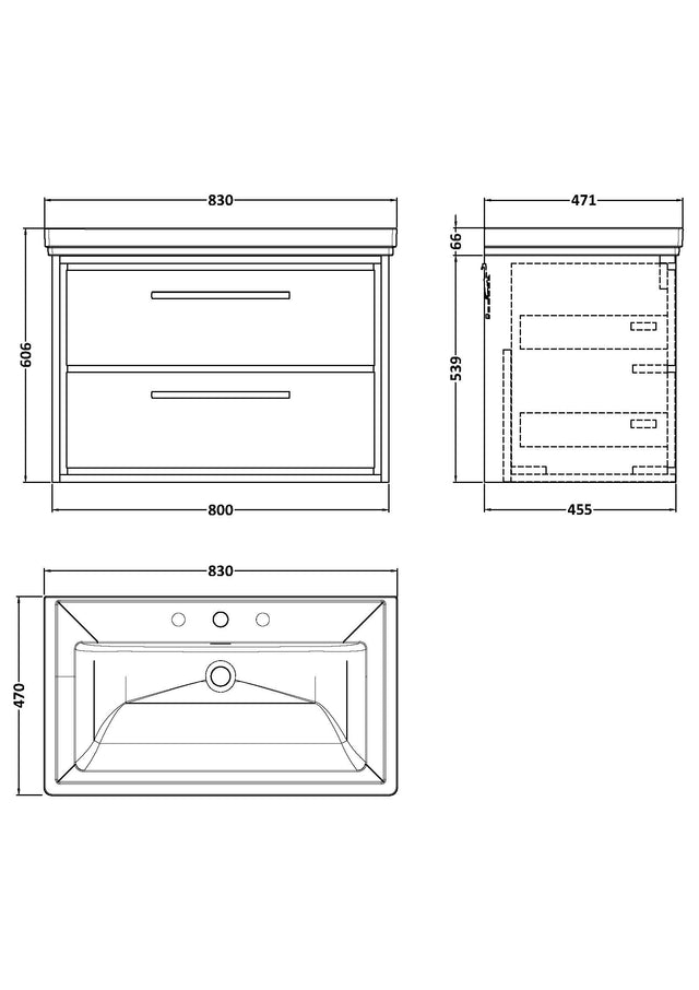 Lille 800mm Wall Hung 2-Drawer Vanity with Basin - 3 Tap Hole