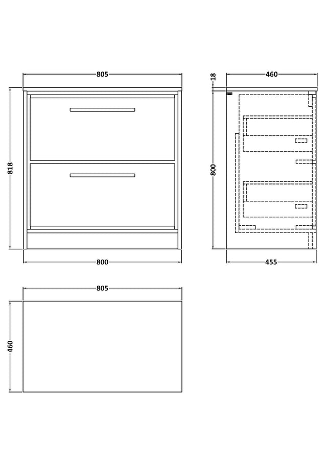 Lille 800mm Floor Standing 2-Drawer Vanity with Worktop
