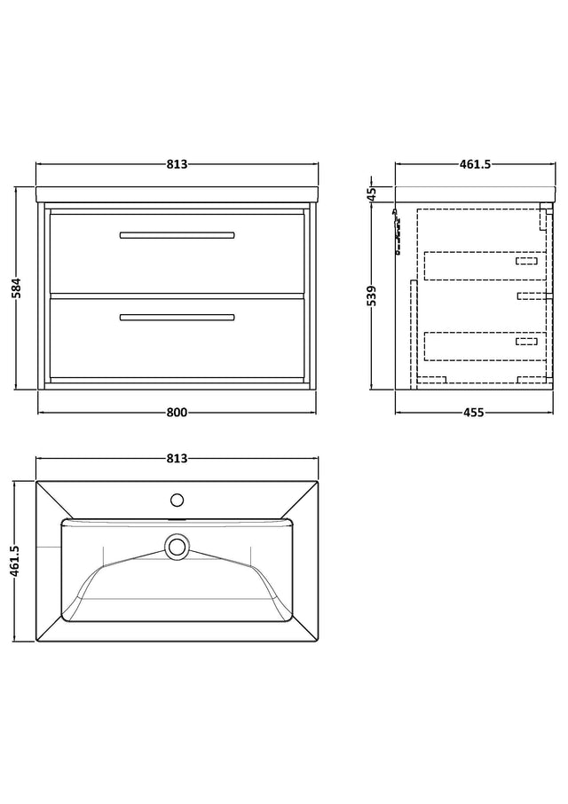 Hudson Reed Lille 800mm Wall Hung 2-Drawer Vanity Unit with Basin and Soft Close Drawers