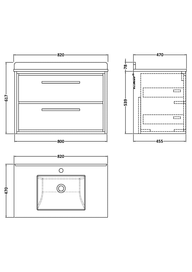 Hudson Reed Lille 800mm Wall Hung 2-Drawer Vanity Unit Marble Basin, 1 Tap Hole, Soft Close Drawers