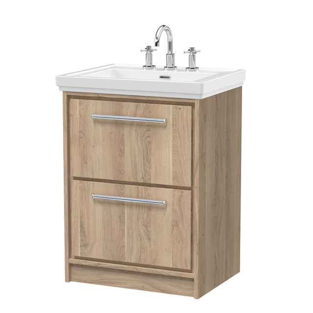Hudson Reed Lille 600mm Bleached Oak Floor Standing 2-Drawer Vanity Unit with 3 Tap Hole Basin