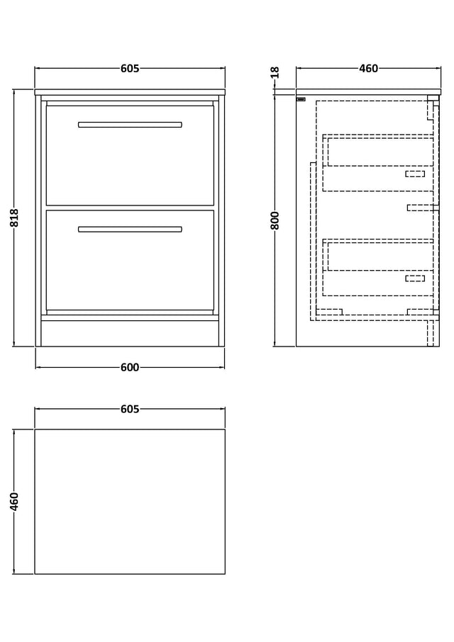 Lille 600mm Floor Standing 2-Drawer Vanity with Worktop