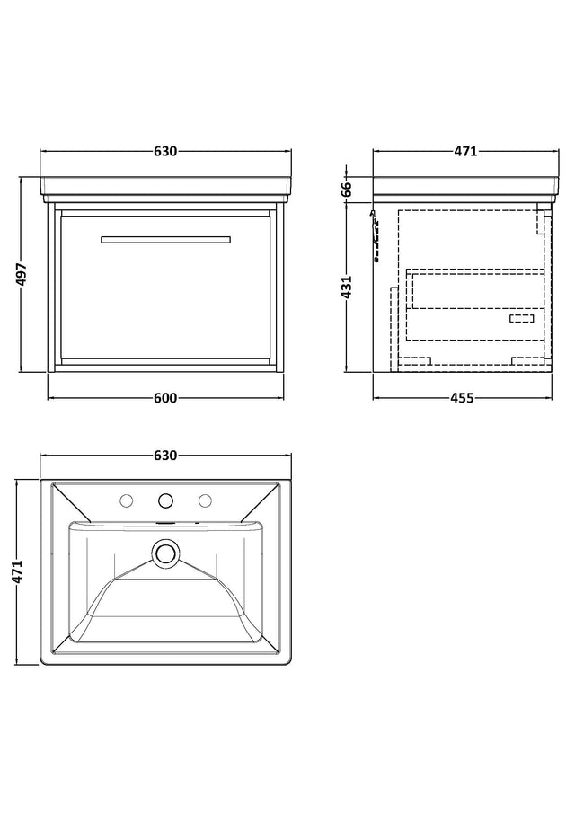 Lille 600mm Wall Hung Single Drawer Vanity with Basin - 3 Tap Hole