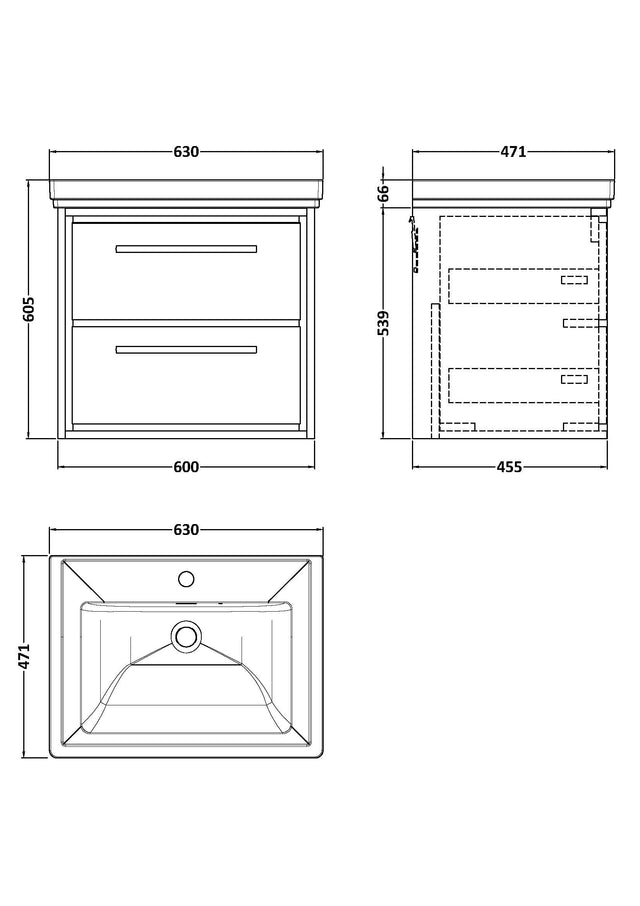 Lille 600mm Wall Hung 2-Drawer Vanity with Basin - 1 Tap Hole