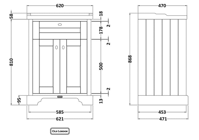 Hudson Reed Old London 600mm Storm Grey Floor Standing 2 Door Vanity Unit With 1 Tap Hole Ceramic Basin