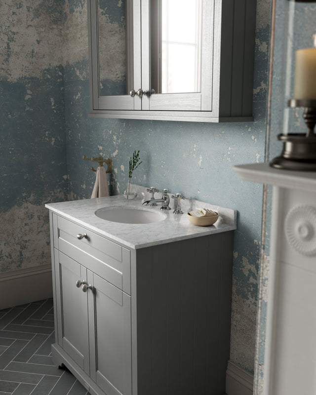 Hudson Reed Old London 800mm Storm Grey Floor Standing 2 Door Vanity Unit With 3 Tap Hole Grey Marble Top Basin
