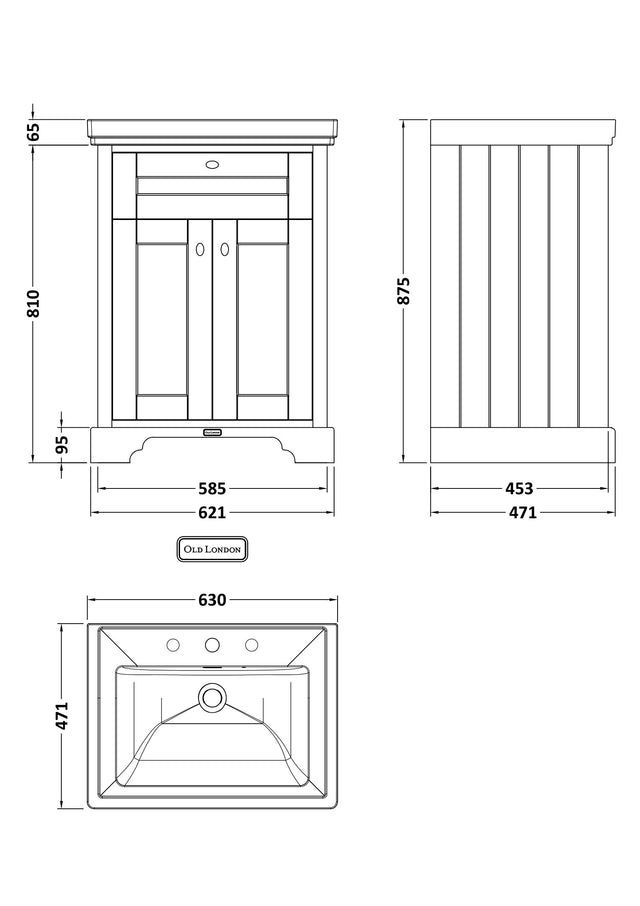 Hudson Reed Old London 600mm Storm Grey Floor Standing 2 Door Vanity Unit With Fireclay Basin