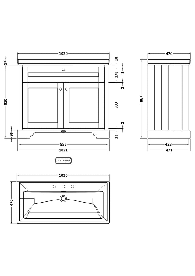Hudson Reed Old London 1000mm Storm Grey 2-Door 3 Taphole Floor Standing Vanity Unit With Fireclay Basin