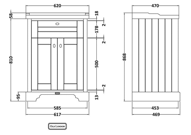 Hudson Reed Old London 600mm Floor Standing 2 Door Vanity Unit With 3 Tap Hole Ceramic Basin