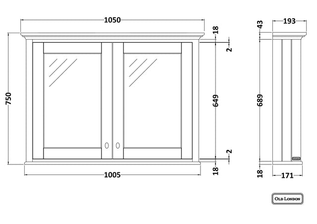 Hudson Reed Old London 1050mm 2 Door Twilight Blue Wall Hung Mirror Cabinet With Handles