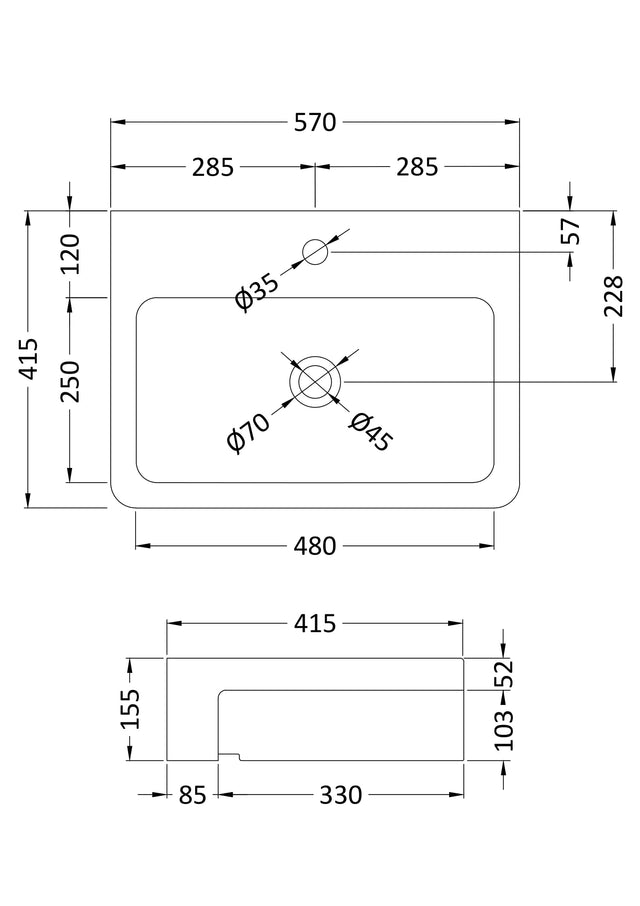 Semi-Recessed Basin 570 x 415 x 155mm