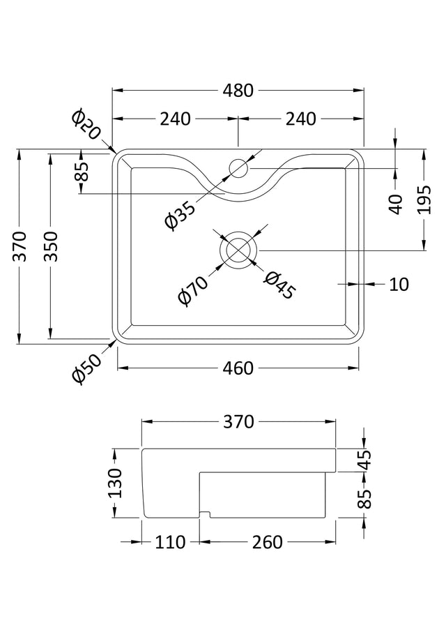Semi-Recessed Basin 480 x 370 x 130mm