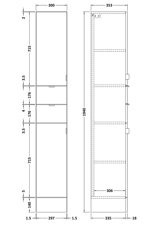 Hudson Reed Fusion 300mm 2 Door Drawer Gloss White Floor Standing Tall Cabinet With Handles