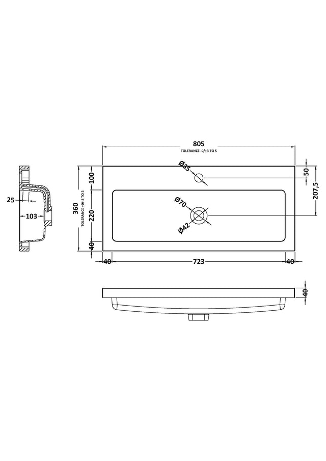 Fusion Fitted Square full-depth 1 Tap Hole Polymarble Basin 800mm