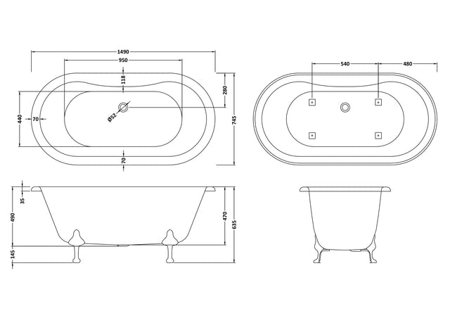 Hudson Reed 1490mm Freestanding Bath With Pride Legs