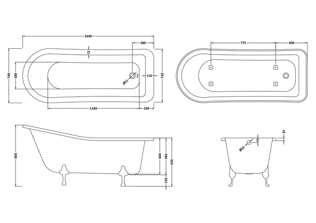 Hudson Reed 1690mm Freestanding Bath With Corbel Legs
