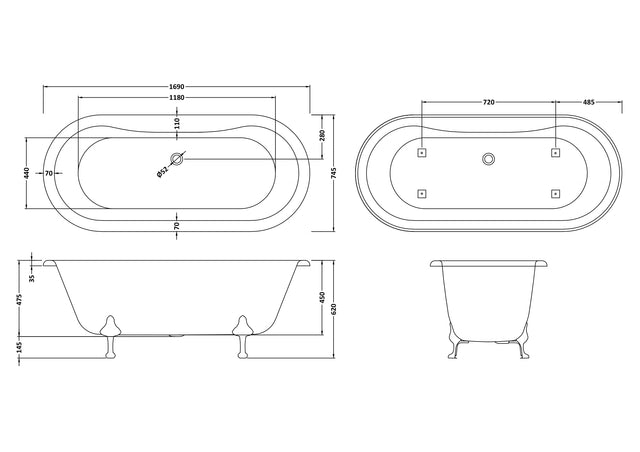 Hudson Reed 1690mm Freestanding Bath With Deacon Legs