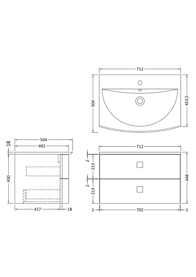 Hudson Reed Sarenna 700mm Dove Grey Wall Hung 2 Drawer Vanity Unit with Polymarble Basin