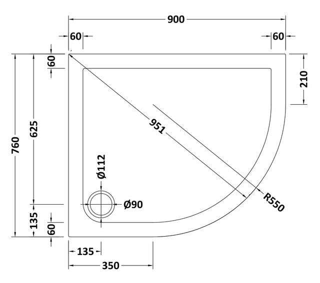 Offset Quadrant Slimline Shower Tray Right Hand 900 x 760mm