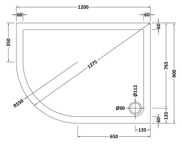 Offset Quadrant Slimline Shower Tray Left Hand 1200 x 900mm