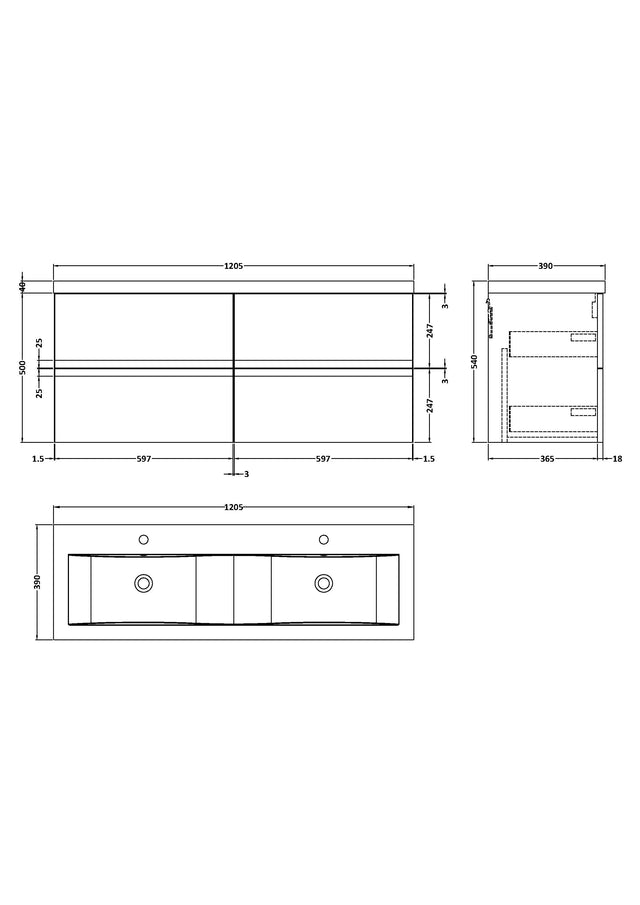 Hudson Reed Urban 1200mm 4 Drawer Wall Hung Vanity Unit With Double Ceramic Basin