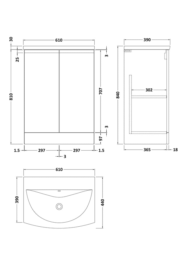 Hudson Reed Urban 610mm Handleless Floor Standing 2 Door Vanity Unit With Curved Ceramic Basin
