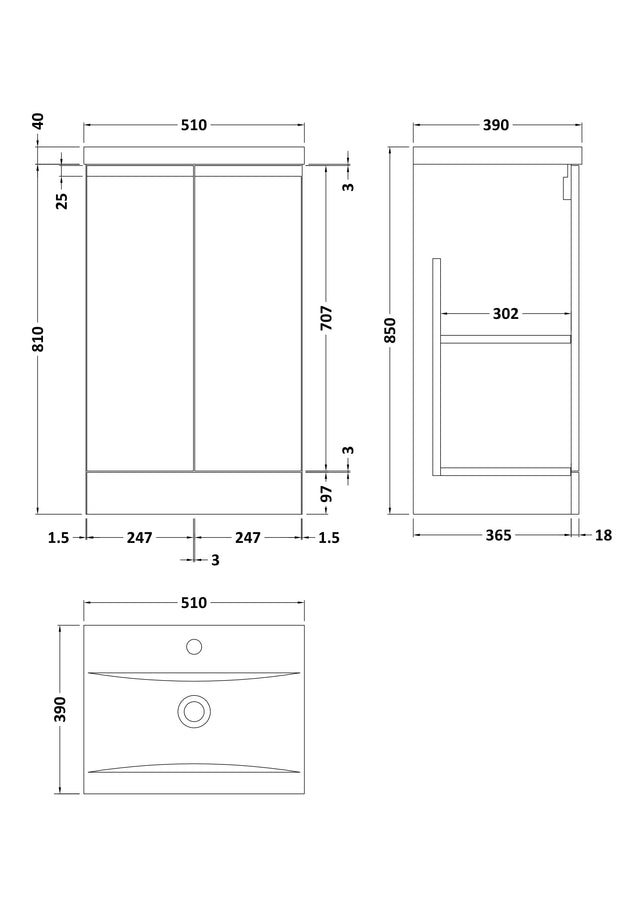 Hudson Reed Urban 500mm Floor Standing 2 Door Vanity Unit with Mid-Edge Basin