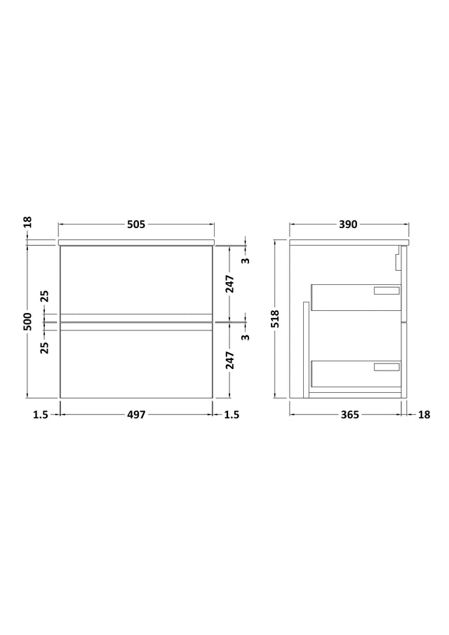 Hudson Reed Urban 500mm Wall Hung 2 Drawer Vanity Unit With Worktop