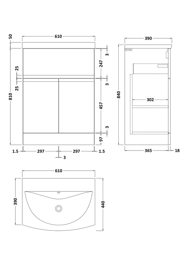 Urban 600mm Floor Standing 2-Door/Drawer Unit and Curved Basin 1 Tap Hole