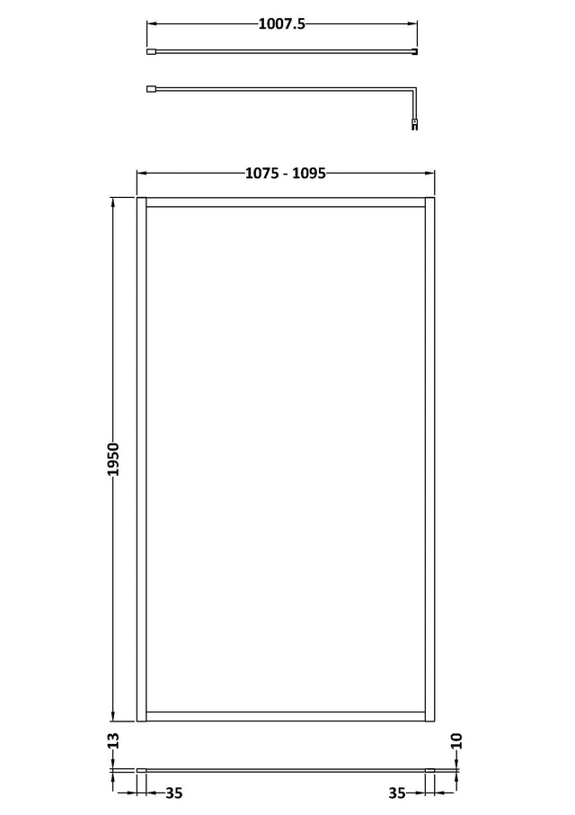 Full Outer Frame Wetroom Screens Full Outer Frame Wetroom 8mm Toughened Safety Glass Screen & Support Bar 1950mm x 1100mm x 8mm