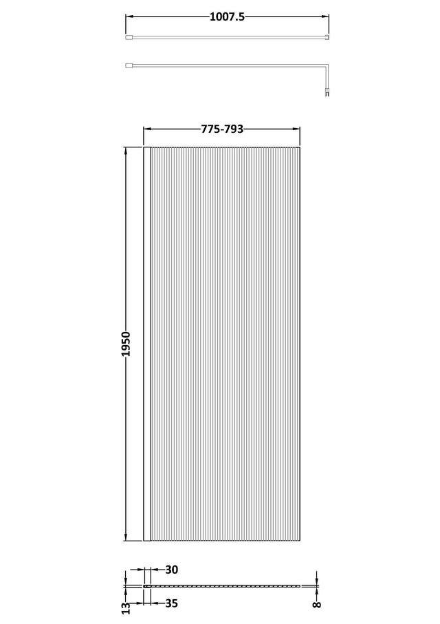 800mm x 1950mm Fluted Wetroom Screen Inc' Bar Polished Chrome