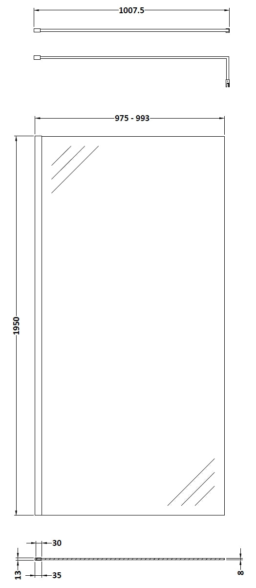 1000mm Wetroom Screen With Brass Support Bar